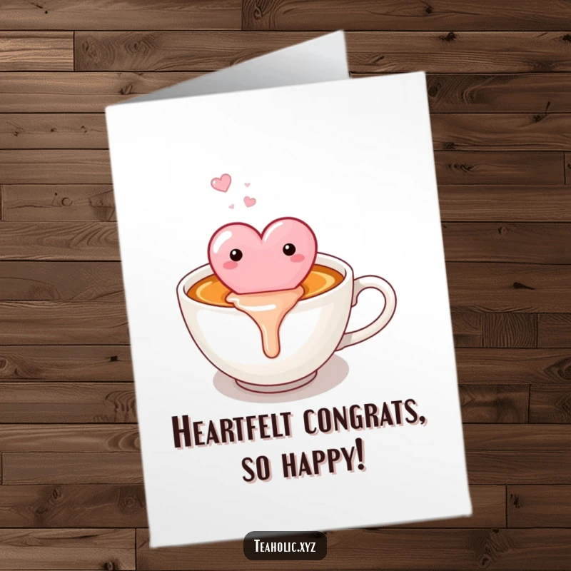 Funny free printable congratulations card with a candy heart melting sweetly into a warm cup of tea.