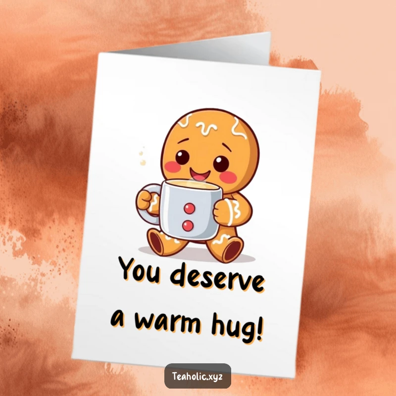 Funny Free Printable Congratulations Card showing a cheerful gingerbread man presenting a warm, steaming mug.