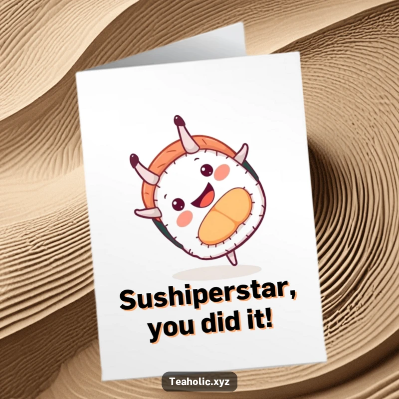Funny Free Printable Congratulations Card featuring a smiling sushi piece performing a dynamic, playful somersault to celebrate.