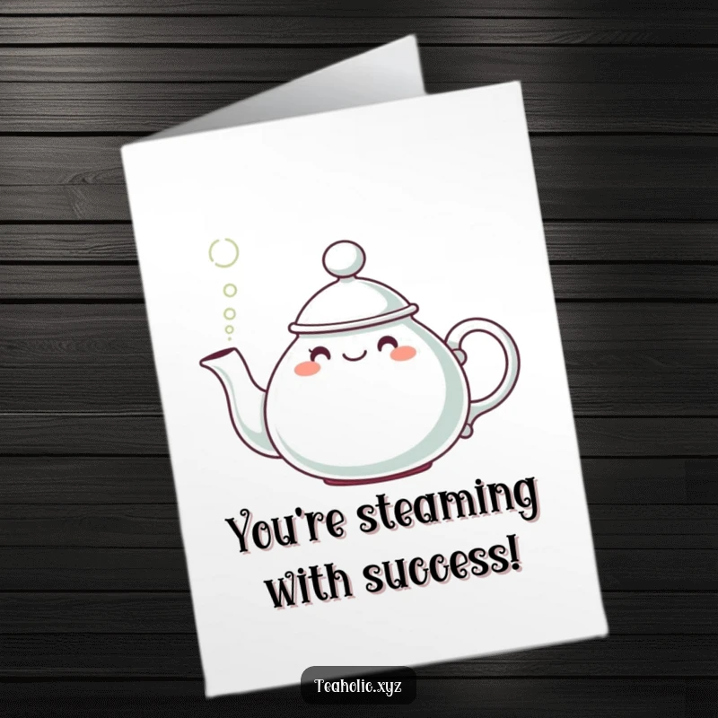 Funny Free Printable teapot with a hat puffing steam, celebratory congratulations card, downloadable art.