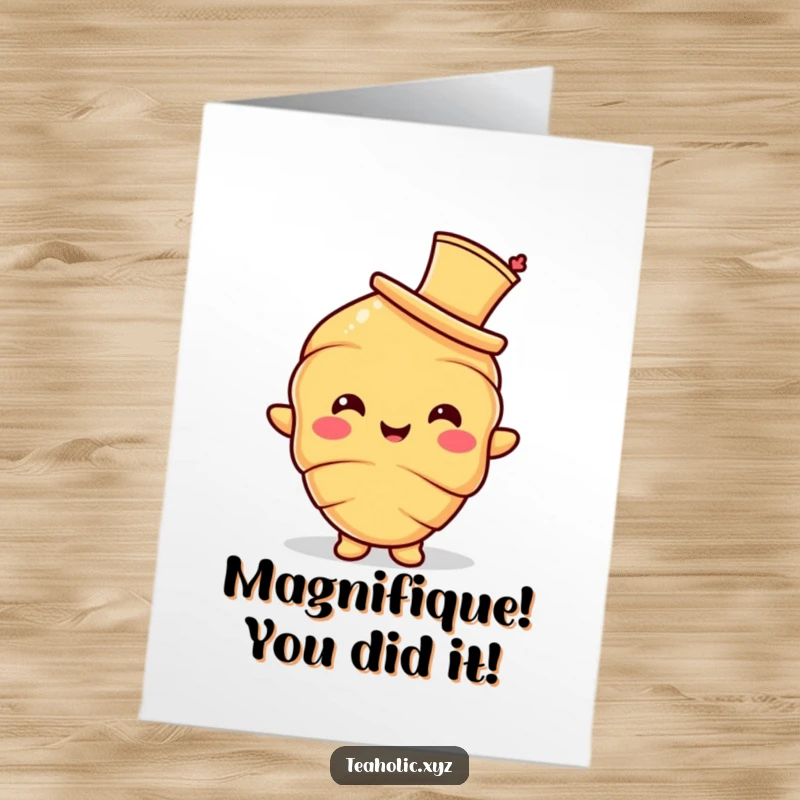 Funny Free Printable Congratulations Card: A smiling croissant character tips a tiny, fancy hat, conveying sophisticated and humorous congratulations.