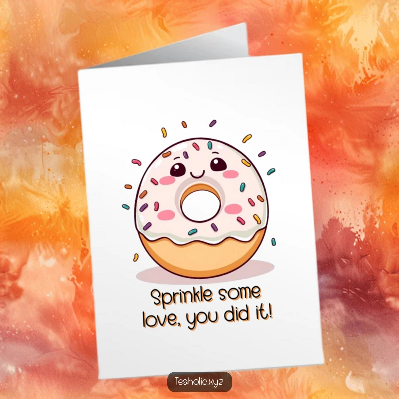 Funny Free Printable Donut Congrats Card: A happy donut character showering blessings with sprinkles, embodying cheerful congratulations.