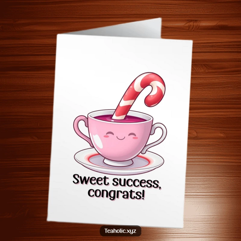 Funny free printable congratulations card showing a happy candy cane dipping into a swirling teacup, celebrating success.