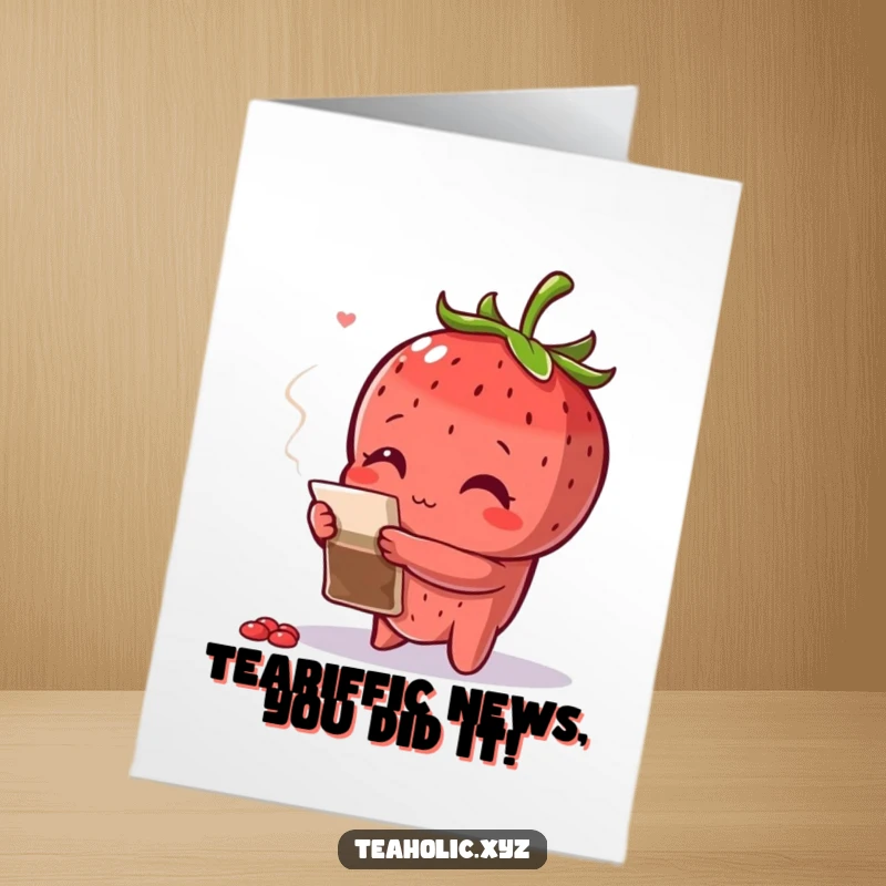Funny Free Printable Congratulations Card: A curious strawberry with arms crossed examines a teabag, celebrating a thoughtful success.