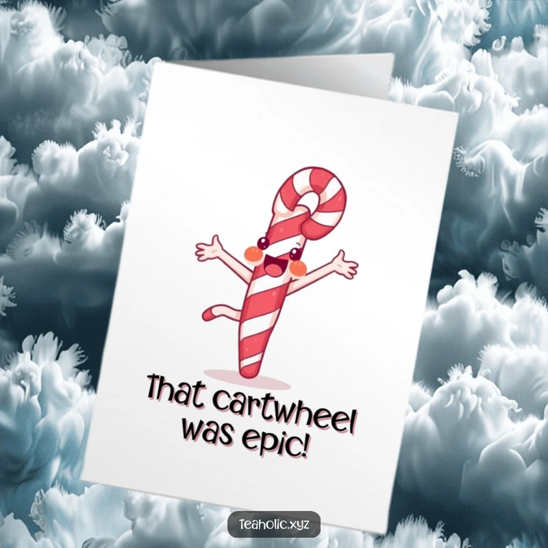 Funny Free Printable Congrats Card: Joyful candy cane performing a cartwheel with striped flair, conveying congratulations with dynamic, sweet movement. Downloadable art.