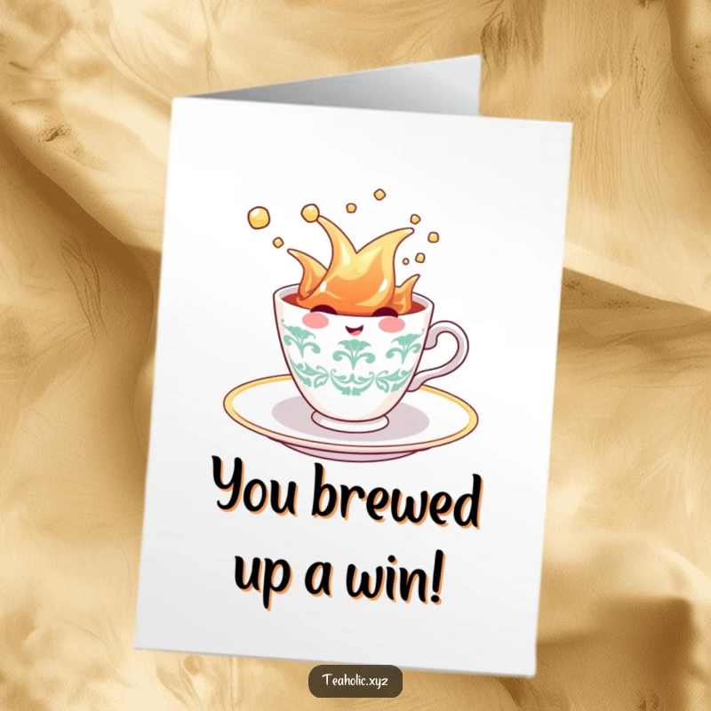 Funny Free Printable Congratulations Card: Cheerful teacup character enthusiastically splashing in tea to celebrate an achievement.