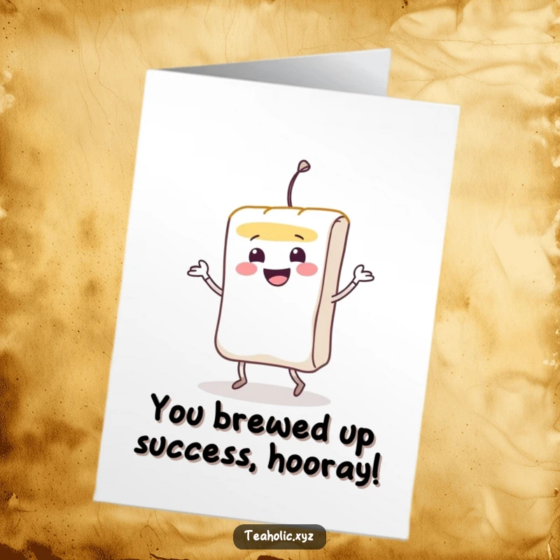 Funny Free Printable Teabag Congrats Card: A teabag character performing a lively jig, celebrating success with energetic joy.