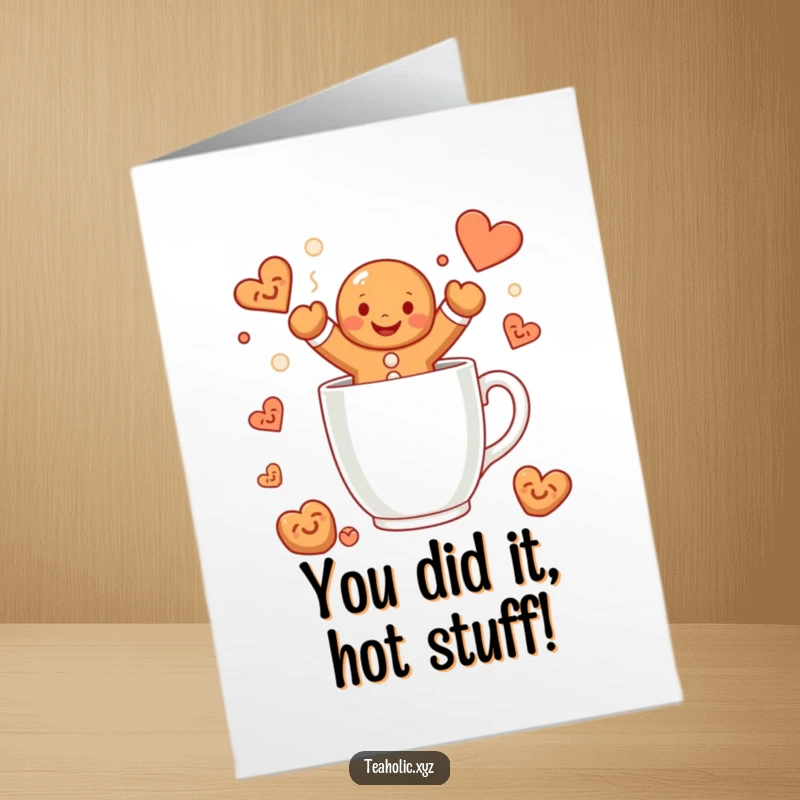 Funny Free Printable Congratulations Card: A smiling gingerbread man dives into a warm mug, celebrating an achievement.