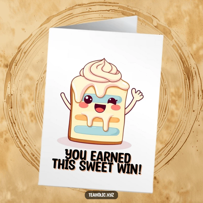 Funny Free Printable Congratulations Card: A slice of cake with frosting waves happily, celebrating a wonderful achievement.