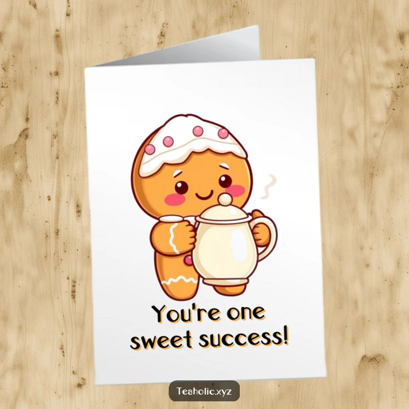 Free Printable Congratulations Card: A smiling gingerbread character with icing details, holding a steaming teapot, conveying warm wishes and humor.