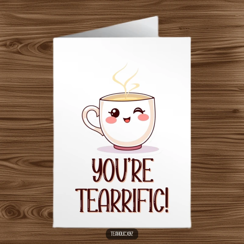 Funny Free Printable Congrats Card: A smiling teacup character happily pouring a stream of congratulatory steam.