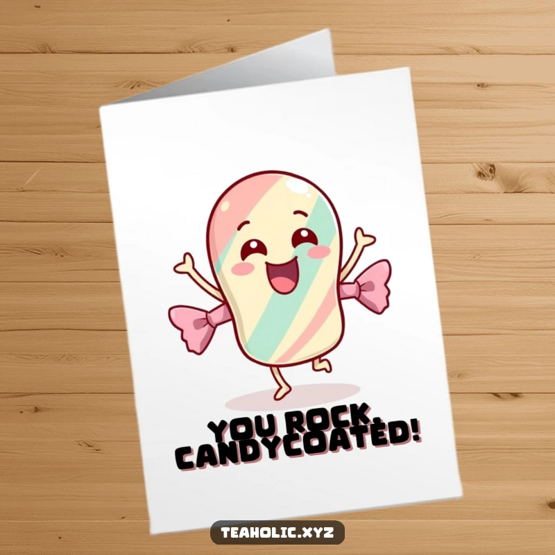 Funny Free Printable Congratulations Card: Cheerful candy dances energetically in its wrapper, a celebratory design