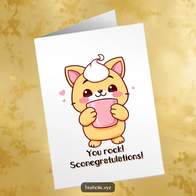 Funny Free Printable Congratulations Card: A cheerful scone character warmly holds a steaming mug, celebrating your wonderful news.