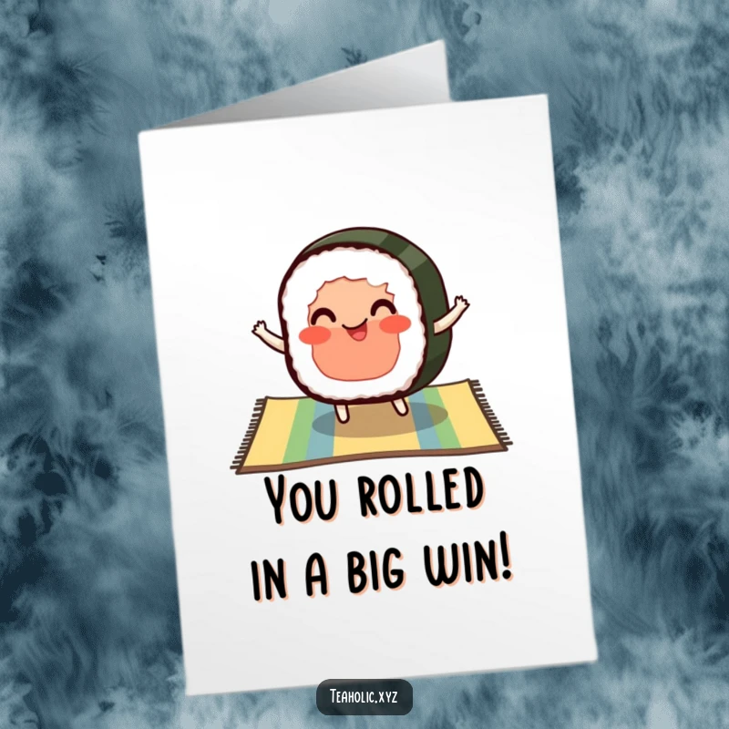 Funny Free Printable Congratulations Card: A pleased slice of sushi with rosy cheeks bouncing on a colorful mat, cheering for success.