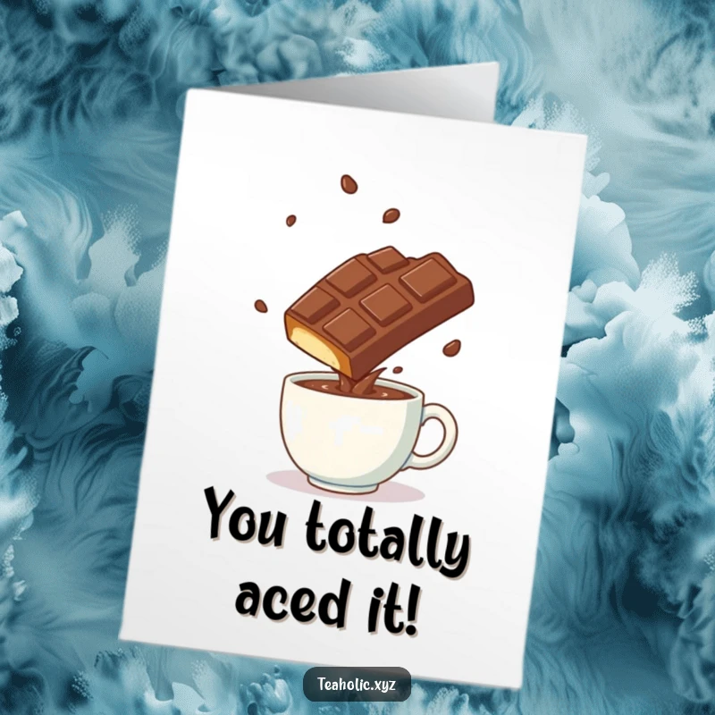 Funny Free Printable Congratulations Card: A chocolate bar performs a somersault over a hot mug, celebrating a grand success.