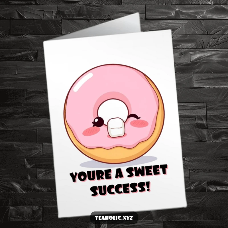 Funny Free Printable Congratulations Card: A blushing donut winks cheekily while successfully balancing a small sugar cube, a sweet victory.