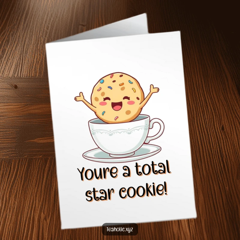 Funny Free Printable Congratulations Card: A delighted cookie with sprinkles jumping excitedly in a teacup, celebrating a fantastic achievement.