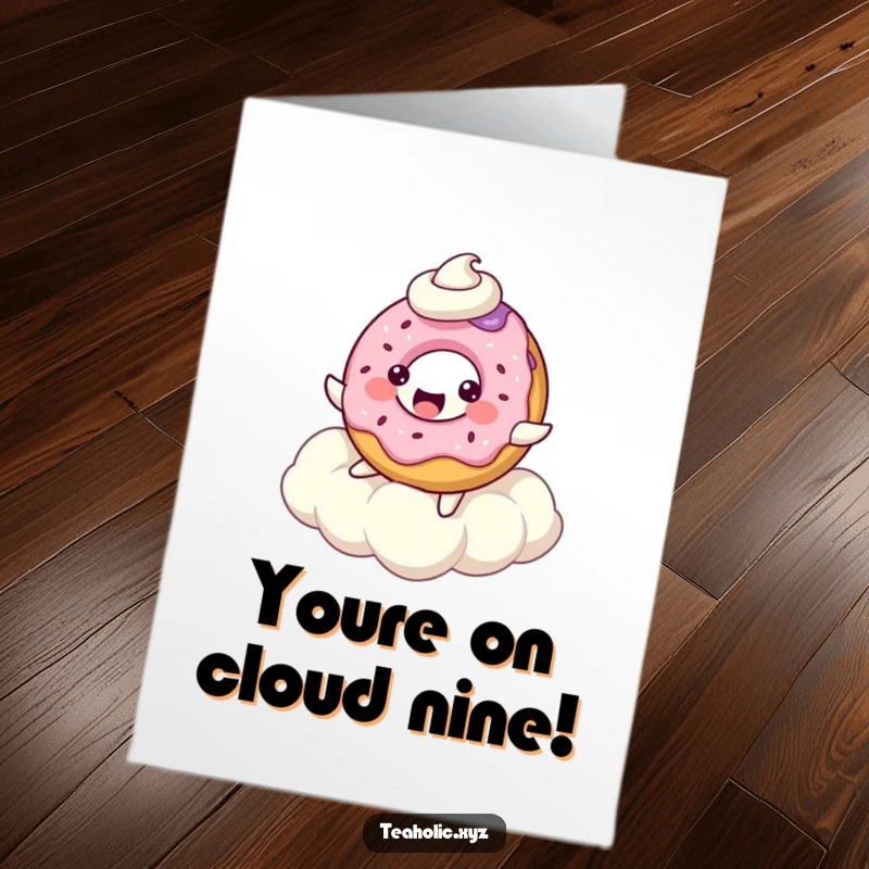 Funny Free Printable Congratulations Card: A bubbly donut character joyfully bounces on a cloud, a lighthearted symbol of reaching new heights.