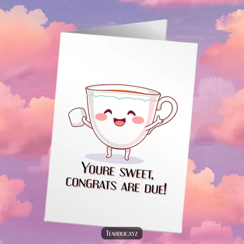 Funny Free Printable Congratulations Card: A teacup and sugar cube perform a lively dance to share good news.