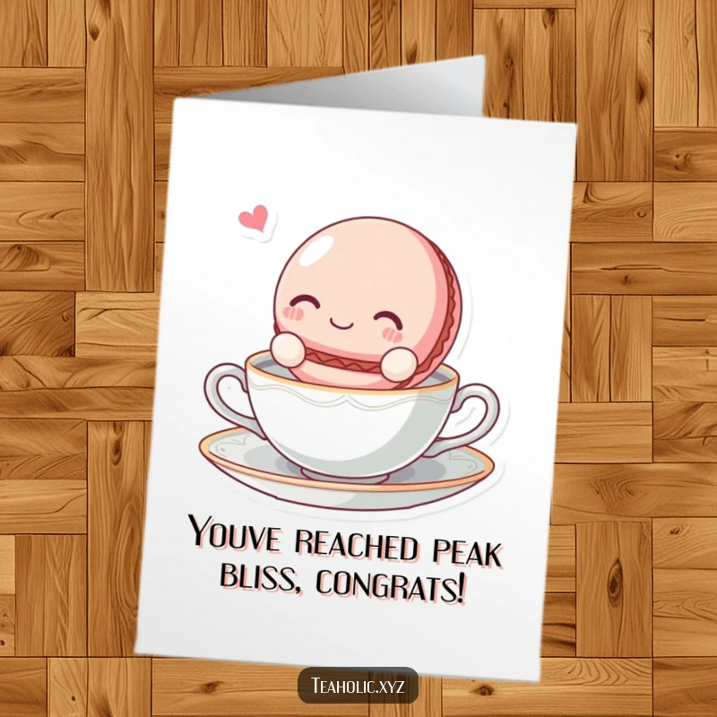 Funny Free Printable Macaroon Congrats Card: A blissful macaroon character floating on a tea saucer, celebrating success.