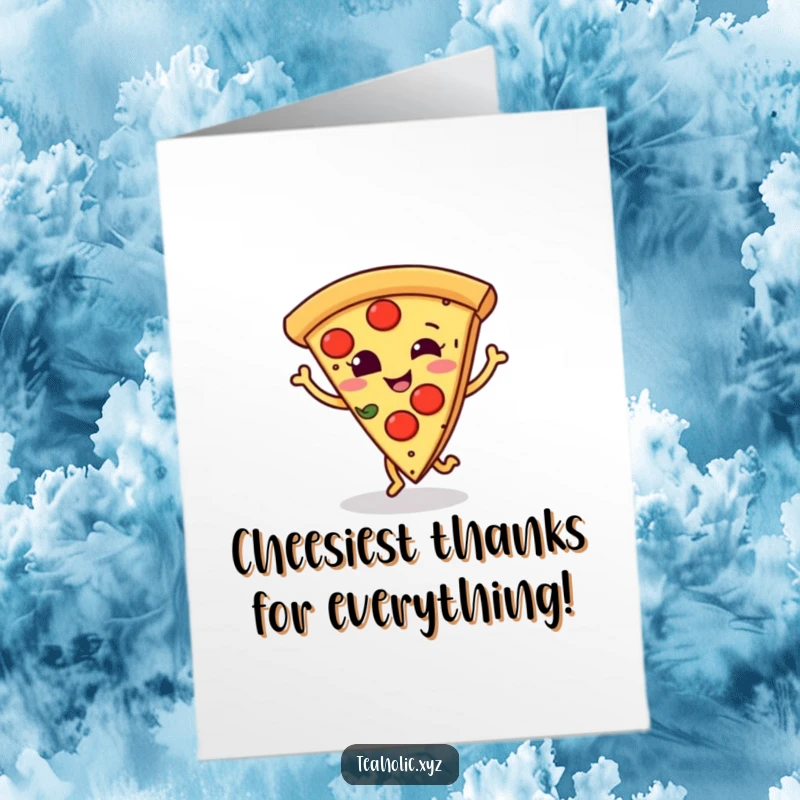 Funny Free Printable Thank You Card: A smiling pizza slice doing a cheerful dance step, great for a DIY gift.