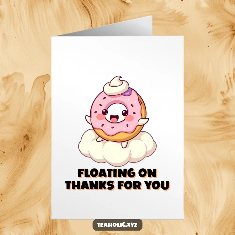 Funny Free Printable Thank You Card: A smiling donut character playfully bounces on a soft cloud, a light and happy thank you note.