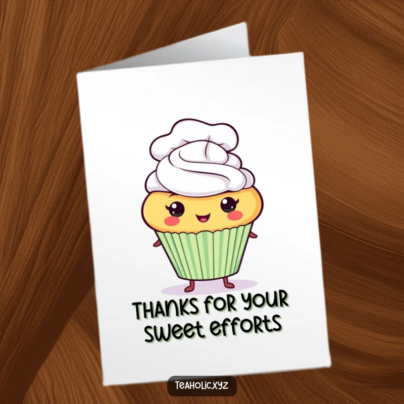 Funny Free Printable Cupcake Thank You Card: A proud cupcake character in a chef hat, giving a humorous thank you gesture.