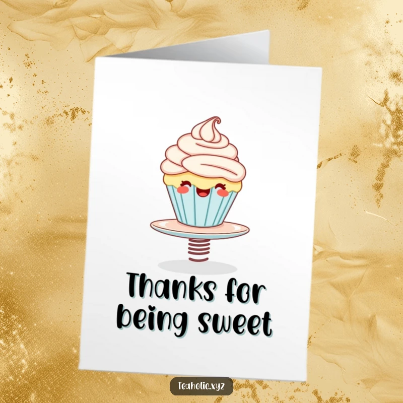 Funny Free Printable Thank You Card of a giggling cupcake bouncing on a springy saucer, expressing thanks.