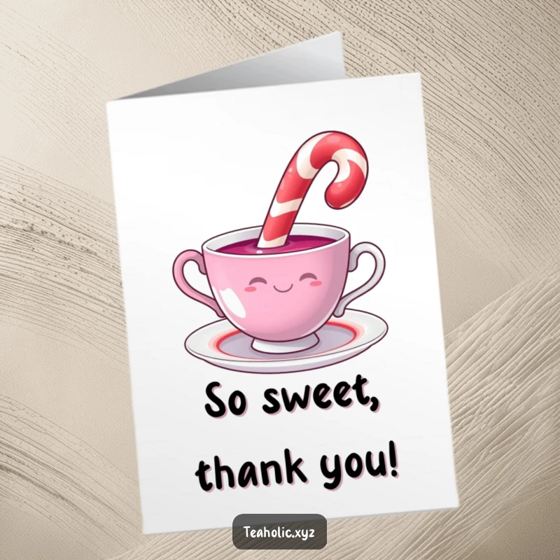 Funny free printable thank you card with a smiling candy cane taking a dip into a swirling teacup.