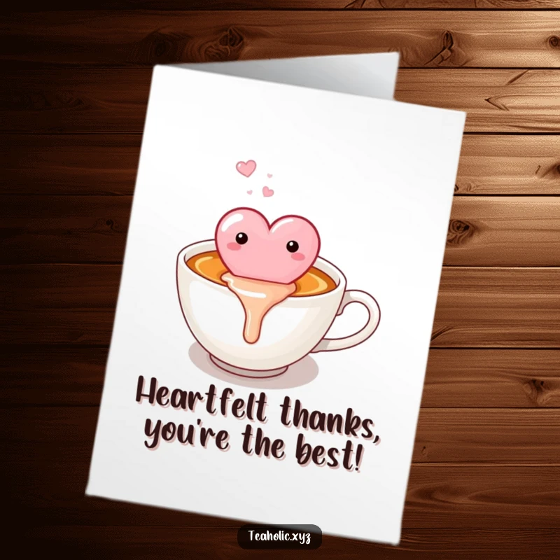 Funny free printable thank you card featuring a candy heart happily melting into a comforting cup of warm tea.