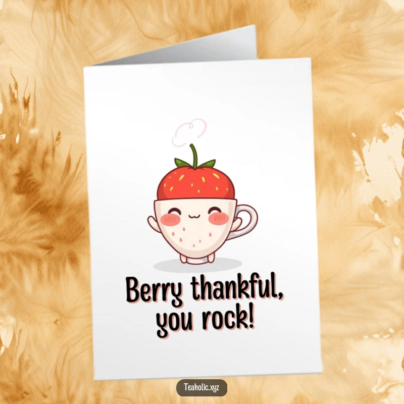 Funny free printable thank you card featuring a shy, blushing strawberry offering a warm, steaming cup.