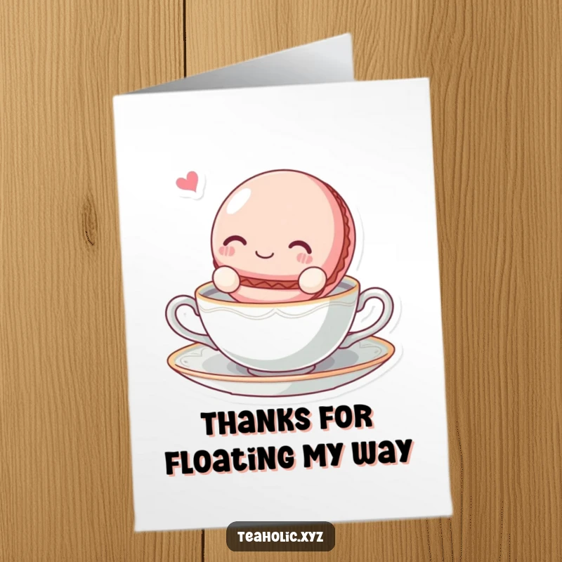 Funny Free Printable Macaroon Thank You Card: A blissful macaroon character floating on a tea saucer, conveying heartfelt thanks.