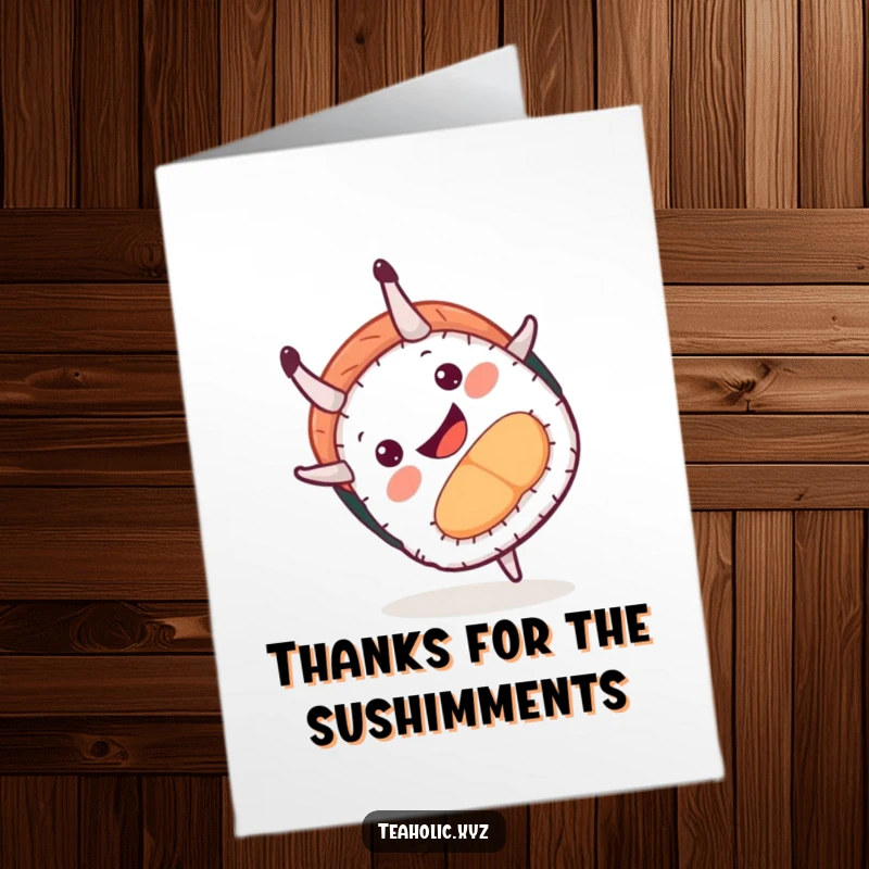 Funny Free Printable Thank You Card of a smiling sushi piece doing a celebratory somersault, expressing thanks.