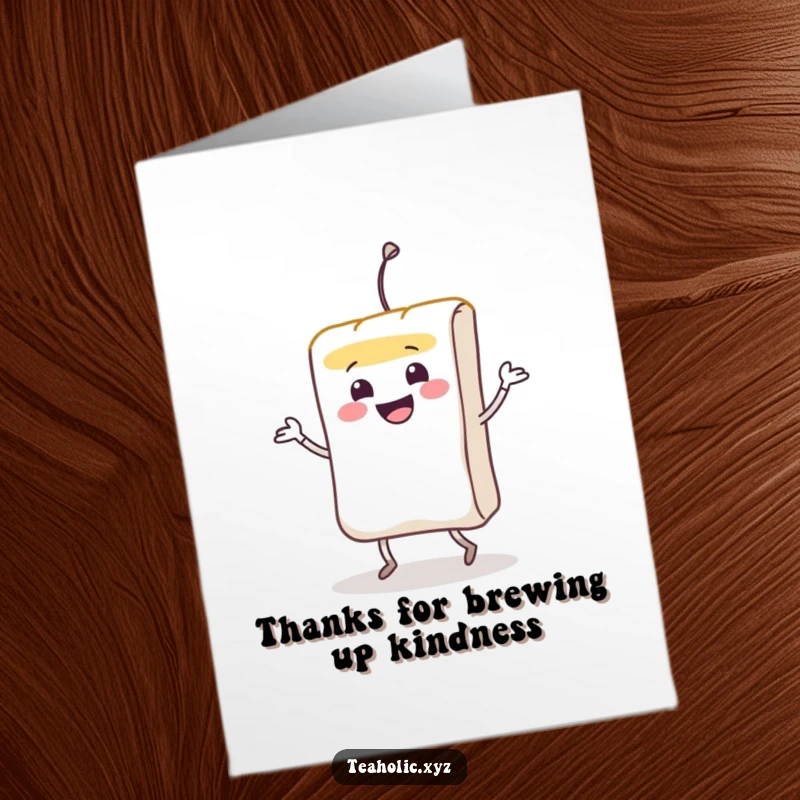 Funny Free Printable Teabag Thank You Card: A smiling teabag character doing a jig to express heartfelt, humorous thanks.