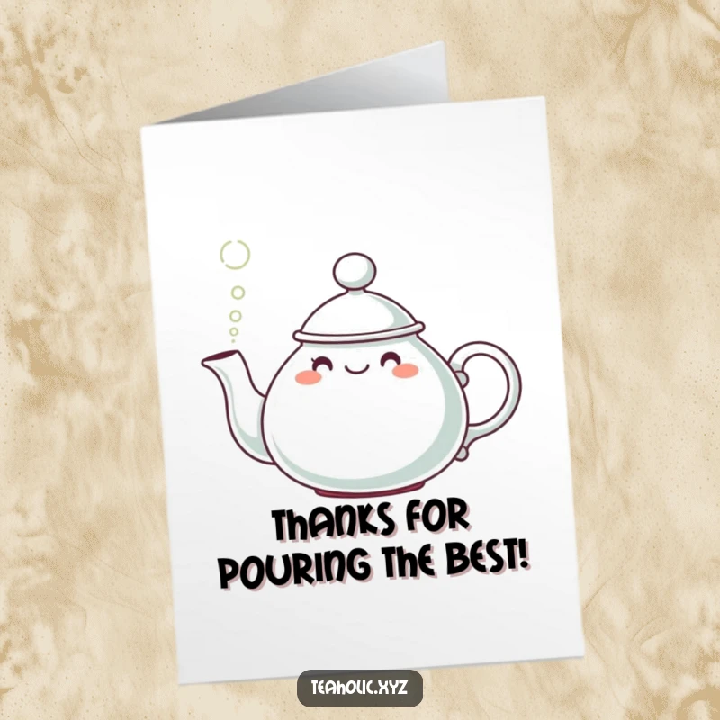 Funny Free Printable cute teapot with a hat releasing steam, perfect for a thank you card, print at home.