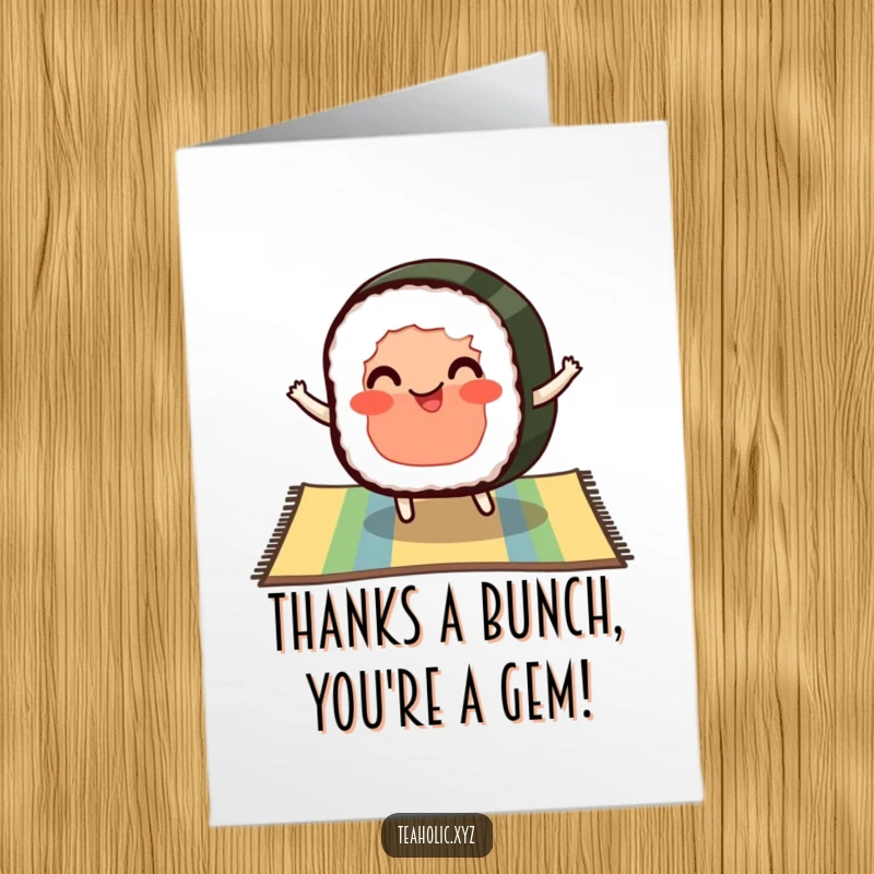 Funny Free Printable Thank You Card: A pleased slice of sushi with rosy cheeks bouncing on a colorful mat, sending warm thanks.