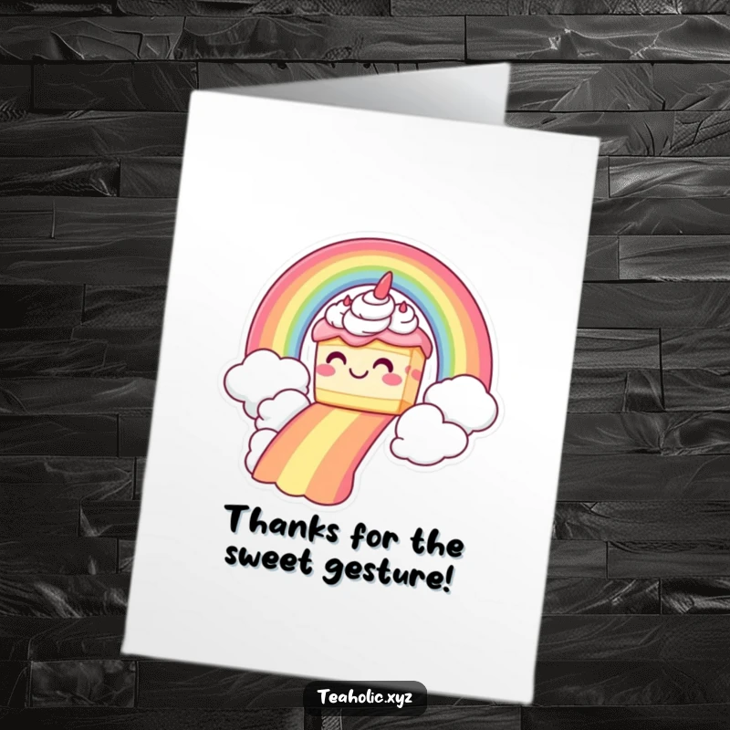 Funny Free Printable Thank You Card featuring a grinning cake with frosting sliding down a rainbow, showing thanks.