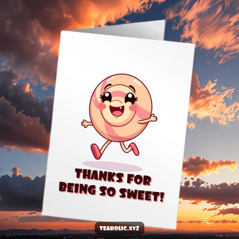 Funny Free Printable Thank You Card of a smiling candy character happily skipping, with a swirl of delight conveying thanks.