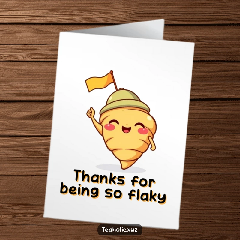 Funny Free Printable Thank You Card: A giggling croissant in a jaunty cap waving a tiny flag, sending cheerful thanks.