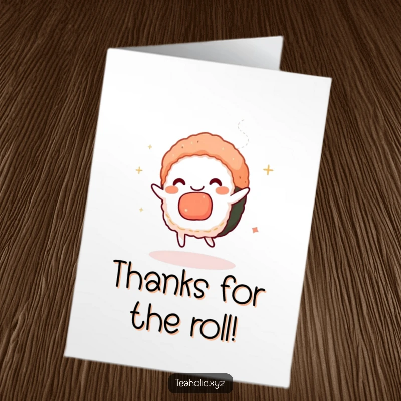 Funny Free Printable Thank You Card: A charmed sushi piece grooves happily surrounded by delicate tea steam.