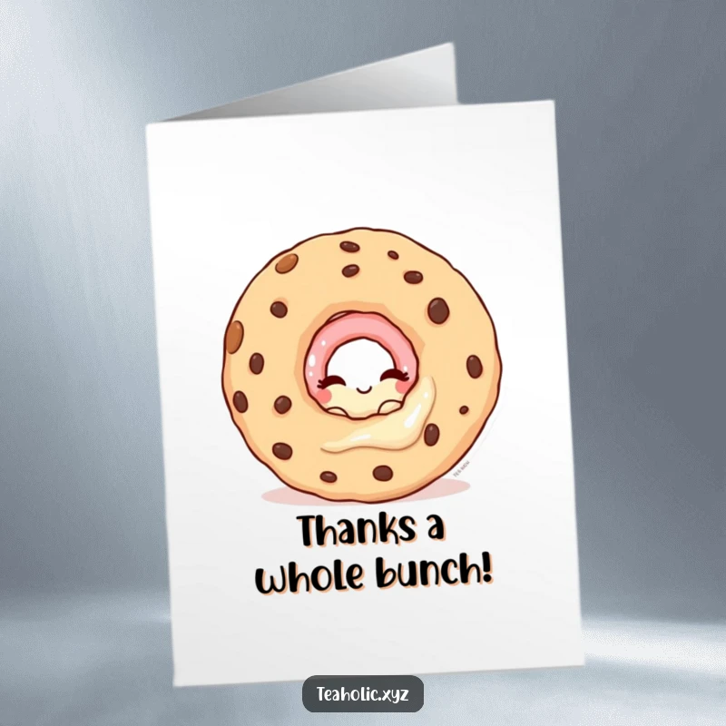 Funny free printable thank you card featuring a winking donut character peeking out from behind a giant cookie.
