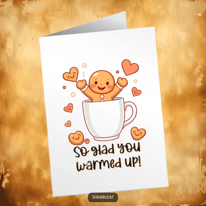 Funny Free Printable Thank You Card: A smiling gingerbread man leaps into a steaming mug, conveying thanks.