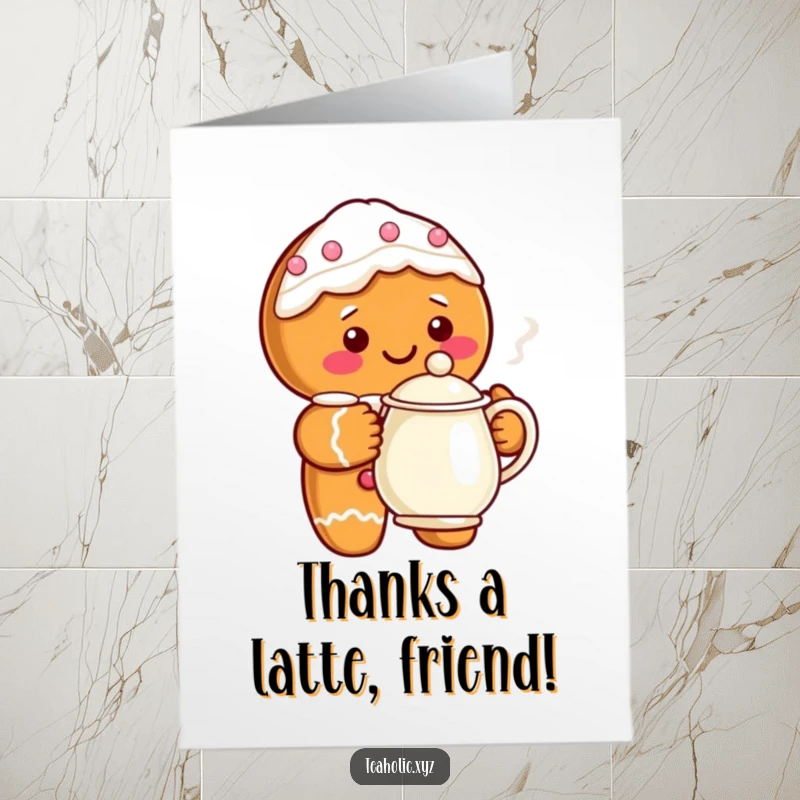 Funny Free Printable Thank You Card: A cute gingerbread man with an icing smile holds a steaming teapot, offering warm thanks humorously.