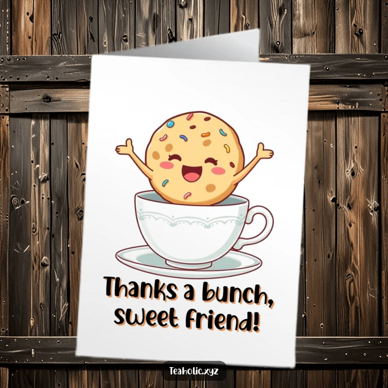 Funny Free Printable Thank You Card: A delighted cookie with sprinkles jumping excitedly in a teacup, sending a cheerful thank you.
