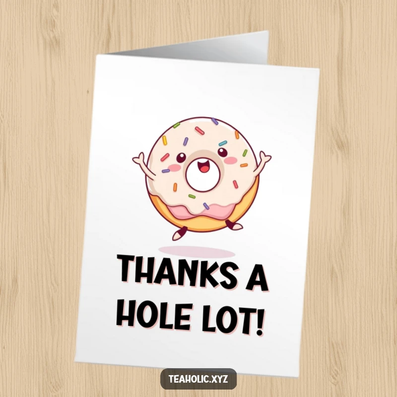 Funny Free Printable Thank You Card: A happy donut with sprinkles jumping up and down, showing thanks.