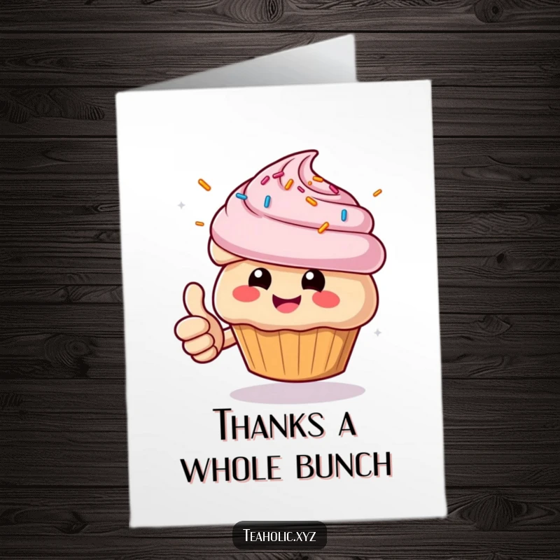 Funny Free Printable Thank You card showcasing a smiling muffin giving a thumbs up amidst a sprinkle explosion.