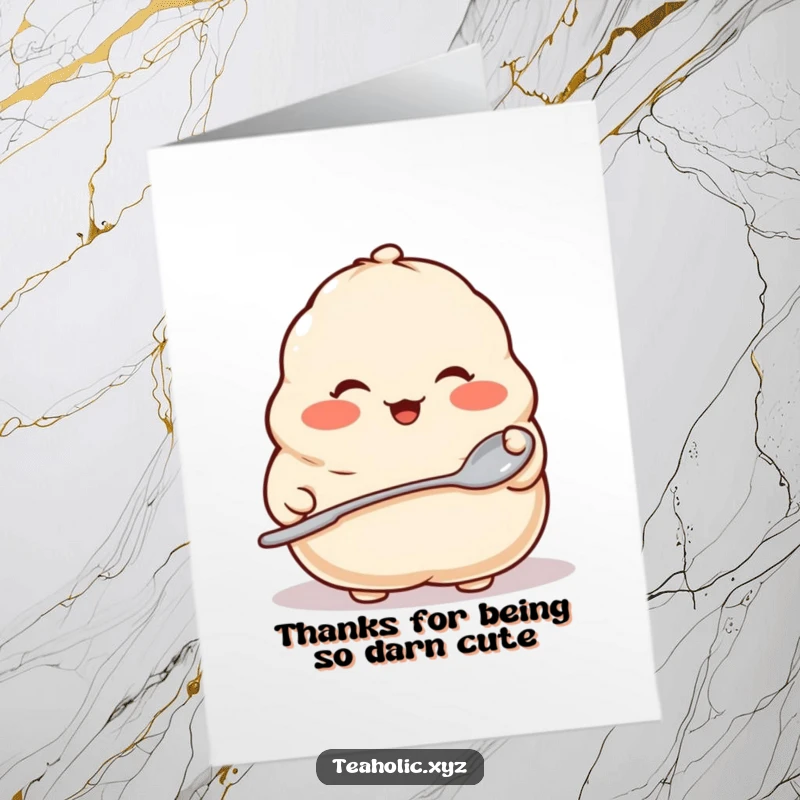 Funny Free Printable Thank You Card: Proud dumpling with rosy cheeks holds a tiny spoon, sweet appreciation