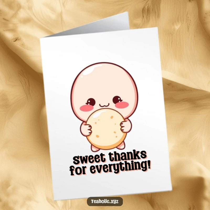 Funny Free Printable Thank You Card: Blushing macaron shyly offering a sugar cookie, expressing sweet thanks.