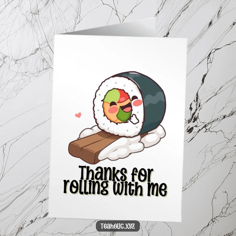 Funny Free Printable Thank You Card: A piece of sushi gleefully rolling downhill, expressing heartfelt thanks.