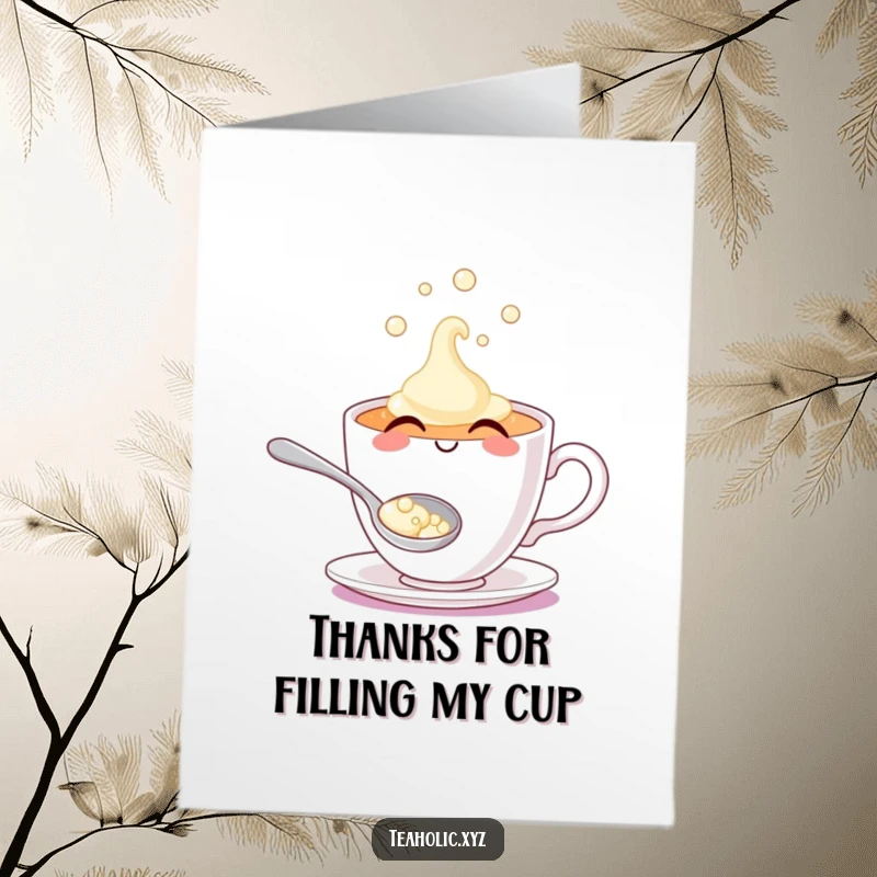 Funny Free Printable Thank You Card: A smiling teacup character holds a spoon overflowing with effervescent bubbles, a bubbly thank you.
